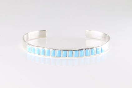 Native America Navajo Sterling Silver Turquoise Inlay Bracelet Cuff.