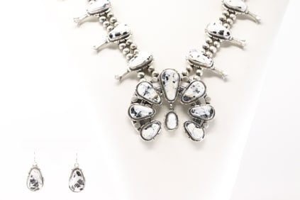 Native America Navajo Sterling Silver White Buffalo Squash Blossom Necklace & Earring's Set By