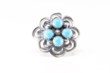Native America Navajo Sterling Silver Turquoise Flower Ring By T.Tazzie.