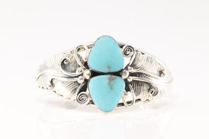 Native America Navajo Sterling Silver Turquoise Bracelet Leaf Cuff.