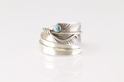 Native America Navajo Sterling Silver Turquoise Feather Ring By C.C.