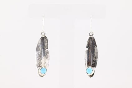 Native America Navajo Sterling Silver Turquoise Feather Dangling Earring's By Genevieve Francisco.