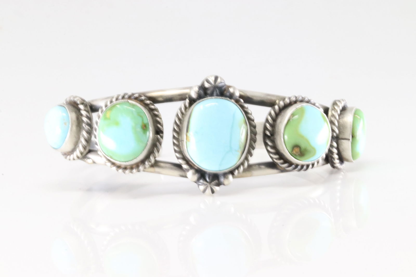 Native America Navajo Sterling Silver Sonora Gold Turquoise Bracelet Cuff By R.: This is a Native America Navajo Sterling Silver Sonora Gold Turquoise Bracelet Cuff By R.