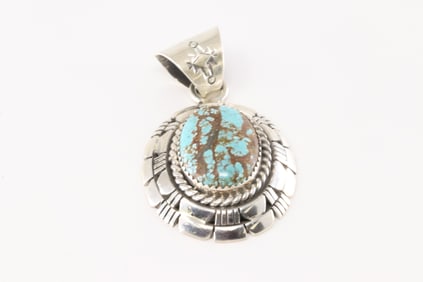 Native America Navajo Sterling Silver Number 8 Turquoise Pendant By Wiliam Begay.