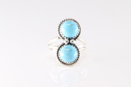 Native America Navajo Sterling Silver Turquoise Ring 2 Stone.