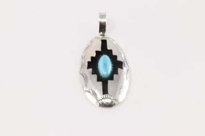 Native America Navajo Sterling Silver Turquoise Pendant By Felix Perry.