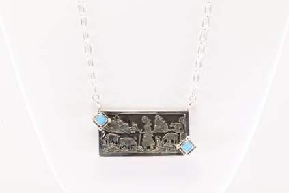 Native America Navajo Sterling Silver Turquoise Necklace By Robin Wood.