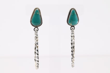 Native America Navajo Sterling Silver Kingman Turquoise Hoop Post / Dangling Earring's By Elouise