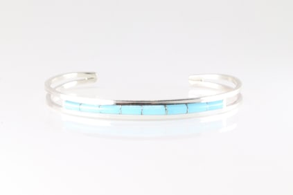 Native America Zuni Sterling Silver Turquoise Inlay Bracelet Cuff By A.L.W.