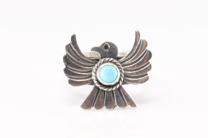 Native America Navajo Sterling Silver Turquoise Thunderbird Ring By Delayne Reeves.
