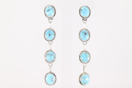 Native America Navajo Sterling Silver Kingman Turquoise Post / Dangling Earring's By Judith Dixon.