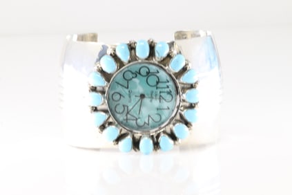 Native America Navajo Sterling Silver Kingman Turquoise Watch Bracelet Cuff By Emerson Delgarito.