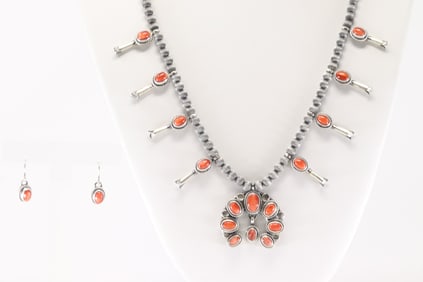 Native America Navajo Sterling Silver Coral Baby Squash Blossom Necklace & Earring's By T.