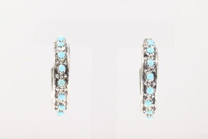 Native America Navajo Sterling Silver Turquoise Hoop Earring's By Joan Cheama.