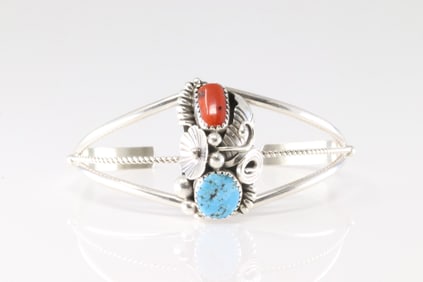 Native America Navajo Sterling Silver Coral & Turquoise Bracelet Cuff By Max Calladitto.