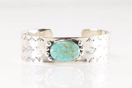 Native America Navajo Sterling Silver Kingman Turquoise Bracelet Cuff By Daniel Dakai.
