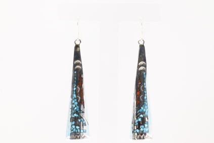Native America Navajo Sterling Silver Coral & Turquoise Dangling Earring's By Joleen Yazzie.