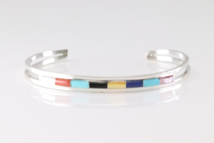 Native America Zuni Sterling Silver Multi-Color Stone Inlay Bracelet Cuff By A.L.W.