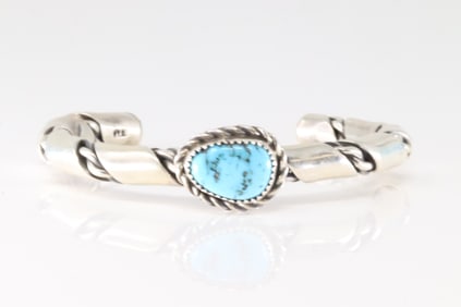 Native America Navajo Sterling Silver Kingman Turquoise Bracelet Cuff By P.T.C.