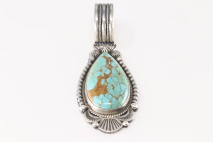 Native America Navajo Sterling Silver Kingman Turquoise Pendant By Mike Caladito.