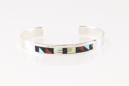Native America Zuni Sterling Silver Coral & Turquoise Bracelet Cuff By Leander Othole.