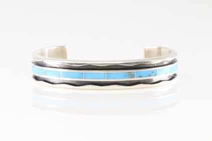 Native America Navajo Sterling Silver Turquoise Inlay Bracelet Cuff By Loretto .