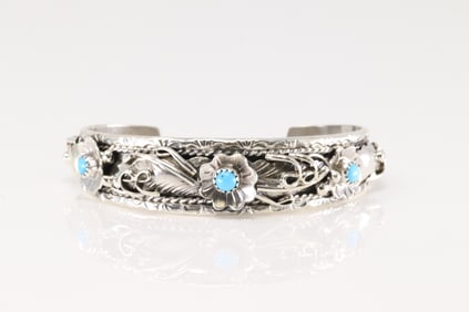 Native American Navajo Sterling Silver Turquoise Bracelet Floral Cuff By Bessie Joe.