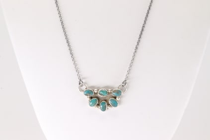 Native America Navajo Sterling Silver Turquoise Kingman Necklace By Maxine Ramirez.
