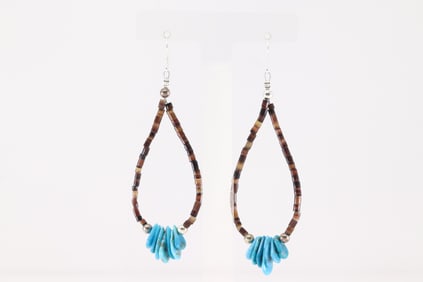 Native America Navajo Sterling Silver Turquoise & Brown Heishi Dangling Earring's.