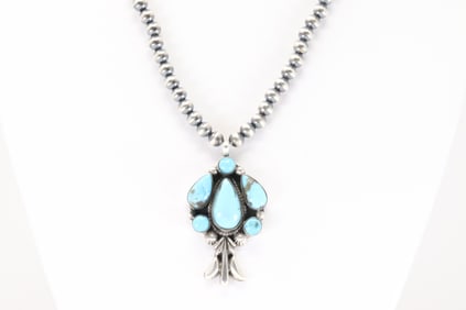 Native America Navajo Sterling Silver Turquoise Pearl Beaded Necklace By Bobby Platero.