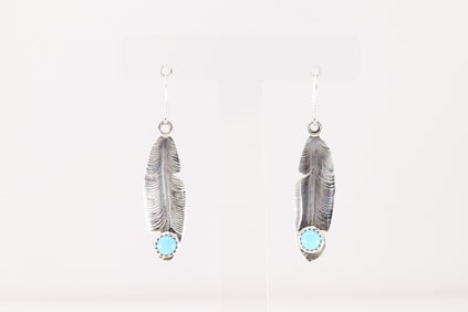 Native America Navajo Sterling Silver Turquoise Feather Dangling Earring's By Genevieve Francisco.