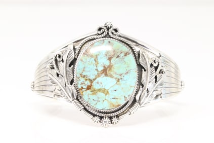 Native America Navajo Sterling Silver Kingman Turquoise Bracelet Cuff By Loretta Smith.
