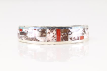Native America Zuni Sterling Silver Wild Horse & Coral Inlay Bracelet Cuff By Glendora Booqua.