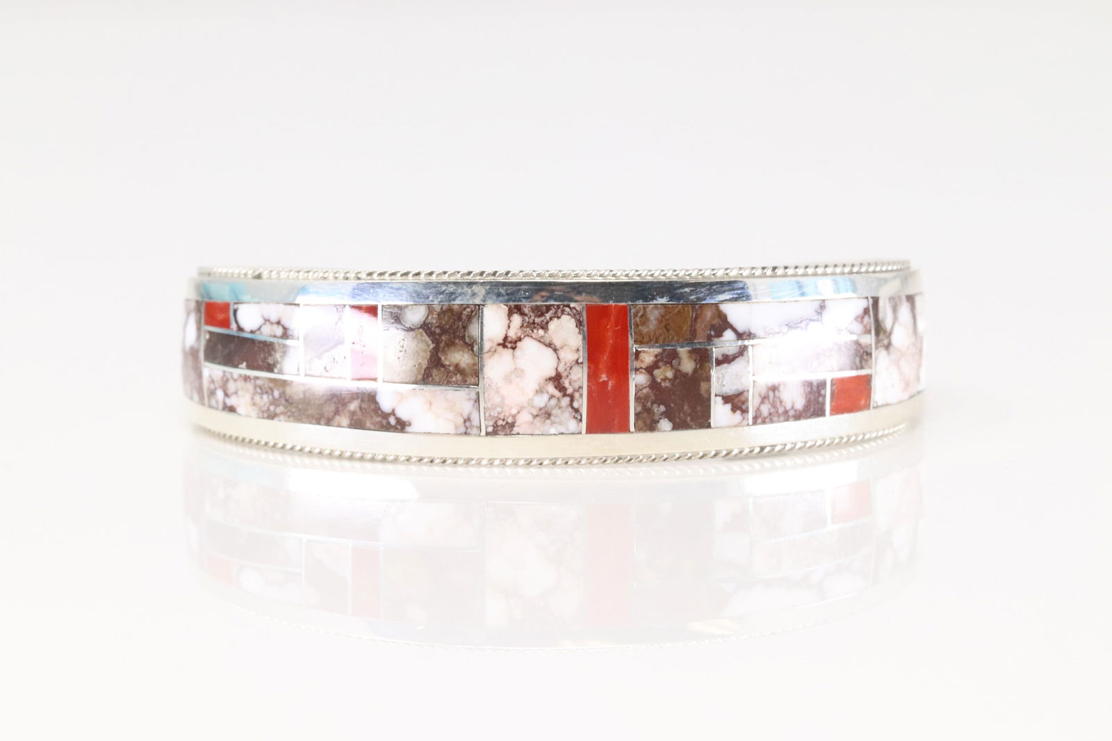 Native America Zuni Sterling Silver Wild Horse & Coral Inlay Bracelet Cuff By Glendora Booqua.: This is a Native America Zuni Sterling Silver Wild Horse & Coral Inlay Bracelet Cuff By Glendora Booqua.