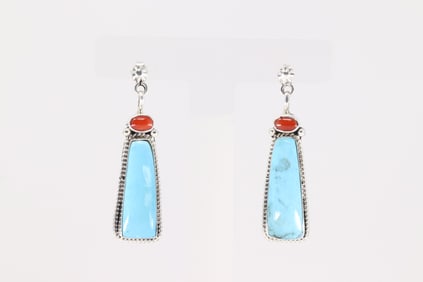 Native America Navajo Sterling Silver Coral & Turquoise Post / Dangling Earring's By Sharon