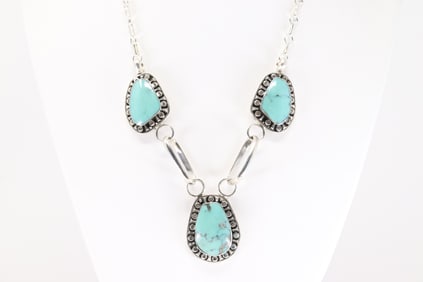 Native America Navajo Sterling Silver Turquoise Necklace By Gregg Yazzie.