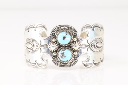 Native America Navajo Sterling Silver Turquoise Bracelet Cuff By Rolland Dixon.