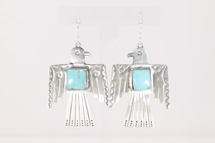 Native America Navajo Sterling Silver Turquoise Thunderbird Dangling Earring's By Jeremy Delgarito.