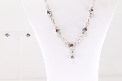 Native America Zuni Sterling Silver Multi-Color Stone Inlay Necklace & Earring's Set By Ola Eriacho.