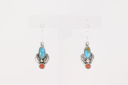 Native America Navajo Sterling Silver Coral & Turquoise Dangling Earring's By Robert Martinez.