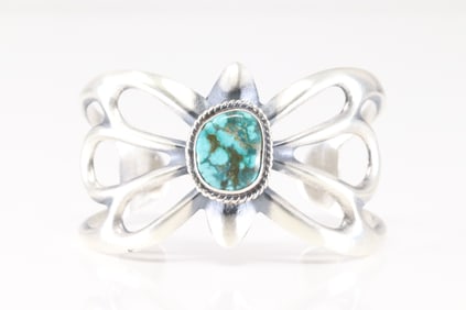 Native America Navajo Sterling Silver Kingman Turquoise Bracelet Cuff By Eugene Gruber.