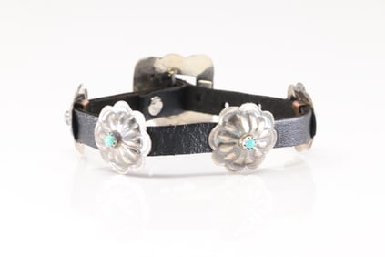 Native America Navajo Sterling Silver Turquoise Flower / Leather Bracelet By Joan Begay.