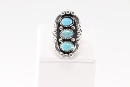 Native America Navajo Sterling Silver Turquoise Ring 3 Stone By Jimmy Garcia.