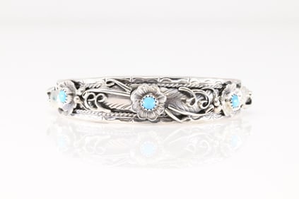 Native America Navajo Sterling Silver Turquoise Bracelet Floral Cuf By Bessie Joe.