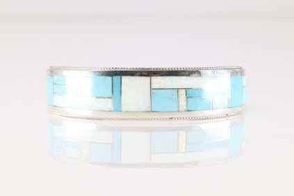 Native America Navajo Sterling Silver Opal & Turquoise Inlay Bracelet Cuff By Glendora Booqua.