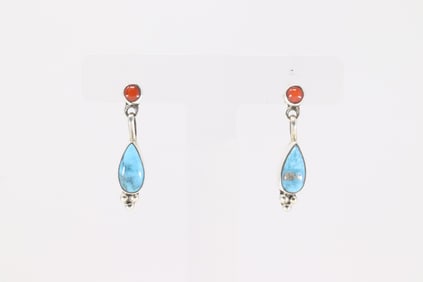Native America Navajo Sterling Silver Coral & Turquoise Post / Dangling Earring's By Gary Shorty.