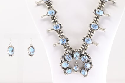 Native America Navajo Sterling Silver Golden Hill Turquoise Squash Blossom Necklace & Earring's Set