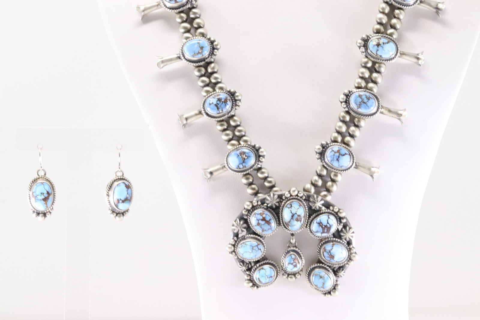 Native America Navajo Sterling Silver Golden Hill Turquoise Squash Blossom Necklace & Earring's Set: This is a Native America Navajo Sterling Silver Golden Hill Turquoise Squash Blossom Necklace & Earring's Set By Thomas Francisco. Necklace length: 26.00" Total weight: 156.70 Grams.