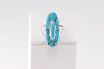 Native America Navajo Sterling Silver Turquoise Ring Inlay Fredick Manuelito.