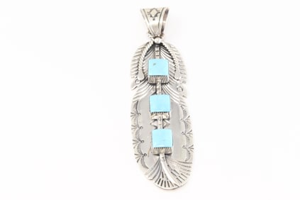 Native America Navajo Sterling Silver Turquoise Feather Pendent By Jennifer Cayaditto.